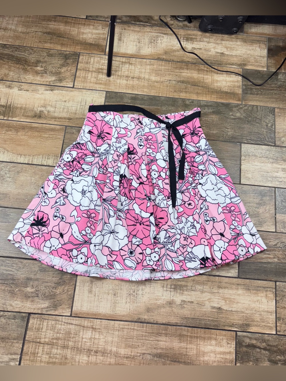 Y2K Pink Floral A-Line pleated Skirt with Black Waist Tie